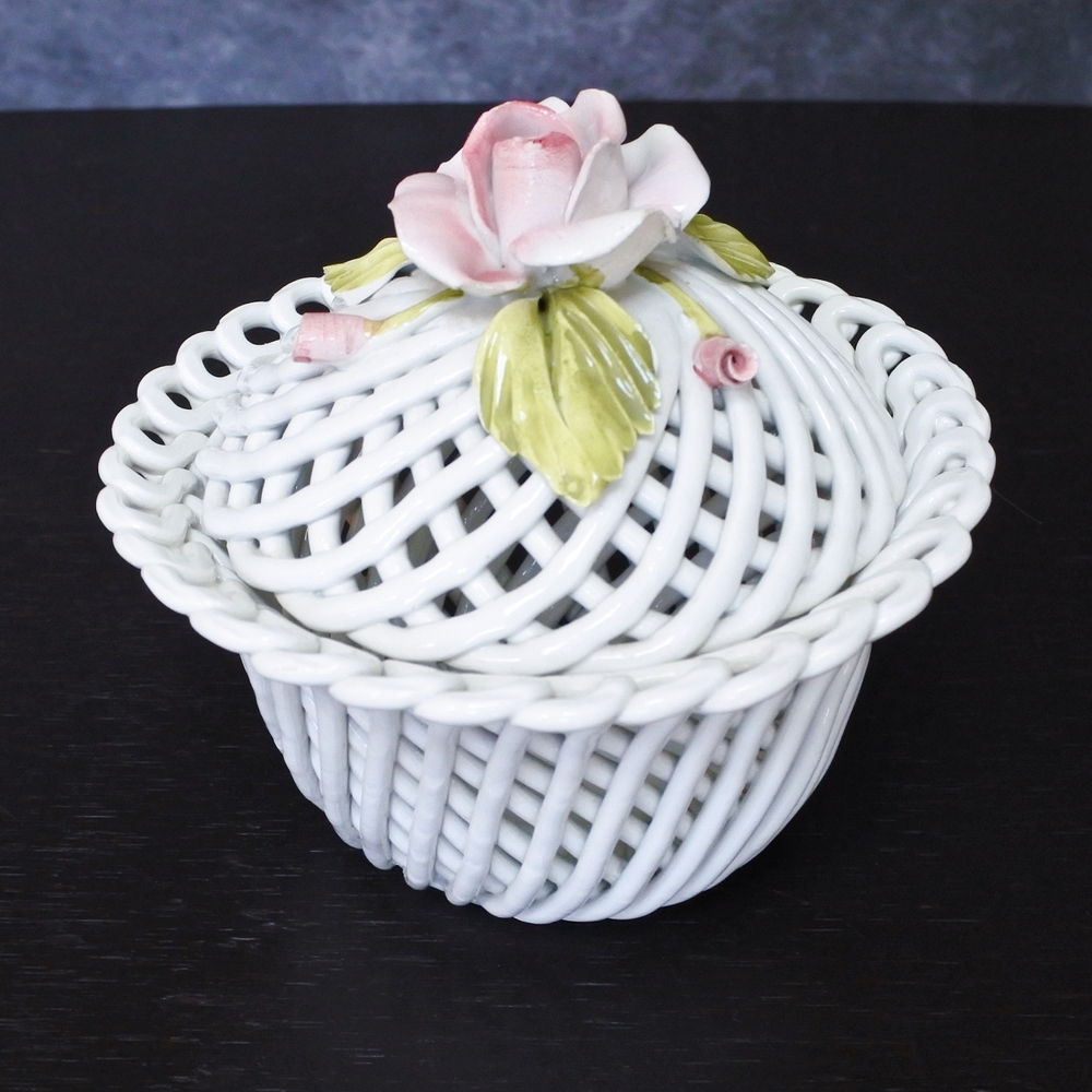Vintage Bassano Italy White Pink Rose Floral Porcelain Open Work Lattice Basket